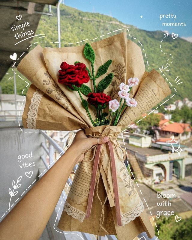 Handmade Crochet Flower Bouquet – Vintage / Flower combination - rose + mixed meadows — Bhumiverse