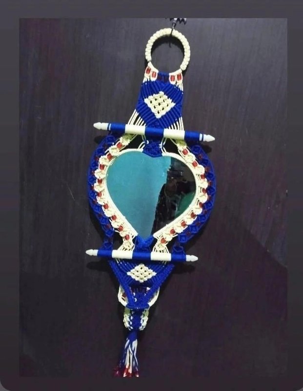 Elegant handmade macrame  heart-shaped mirror wall hanging with attach tokri — Laxmiradha Handmade Products