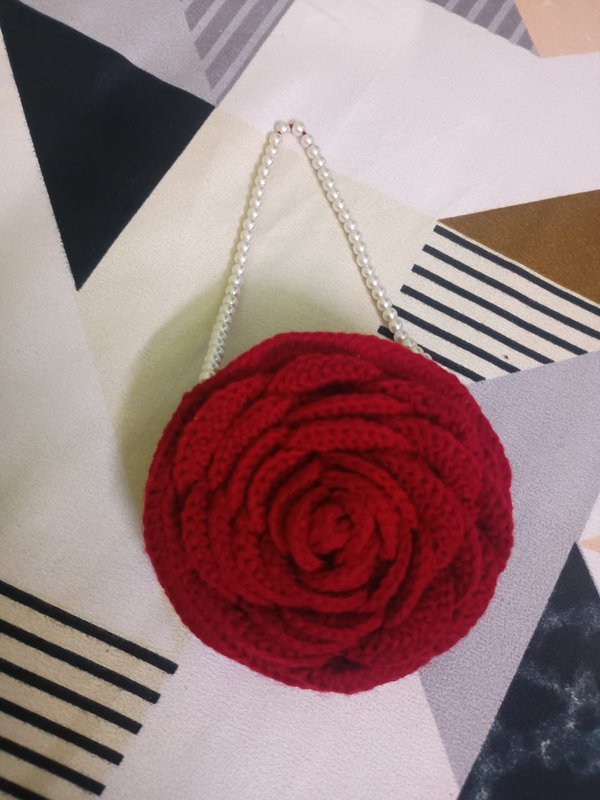 Crocheted Rose Handbag with Pearl Chain — Shree Ji Art Gallery Crochet Handmade