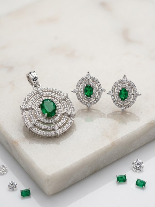 Emerald & Diamond Pendant Earring Set — Kapira Gallery