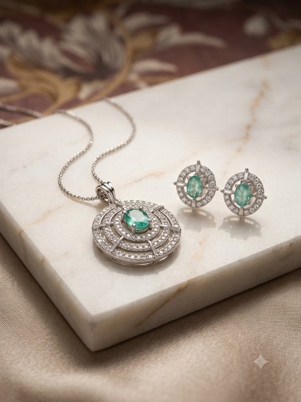 Mint & Diamond Pendant Necklace with Earrings Set — Kapira Gallery