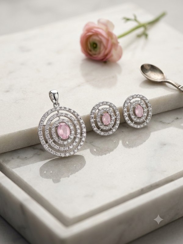 Pink Stone Circular Pendant & Earring Set — Kapira Gallery