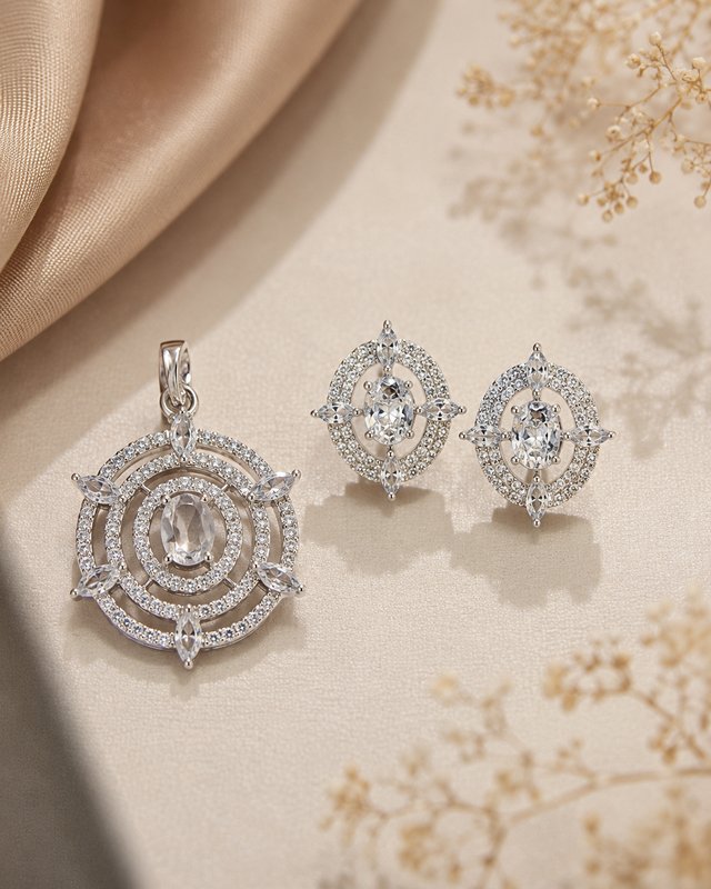 CZ Diamond Pendant Necklace and Earring Set — Kapira Gallery