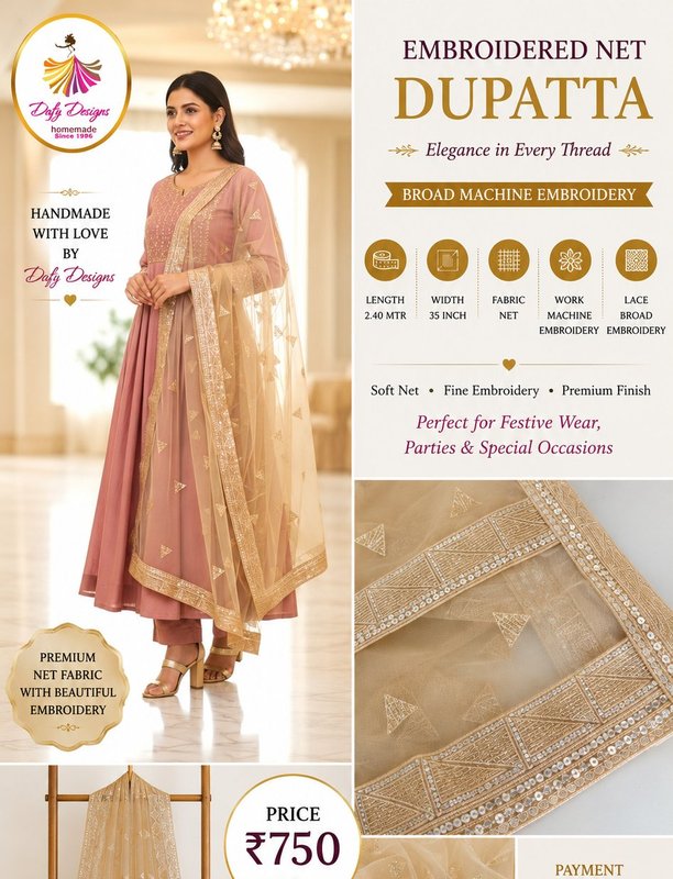 Embroidered Net Dupatta by Dafi Designs — Dafy Designs