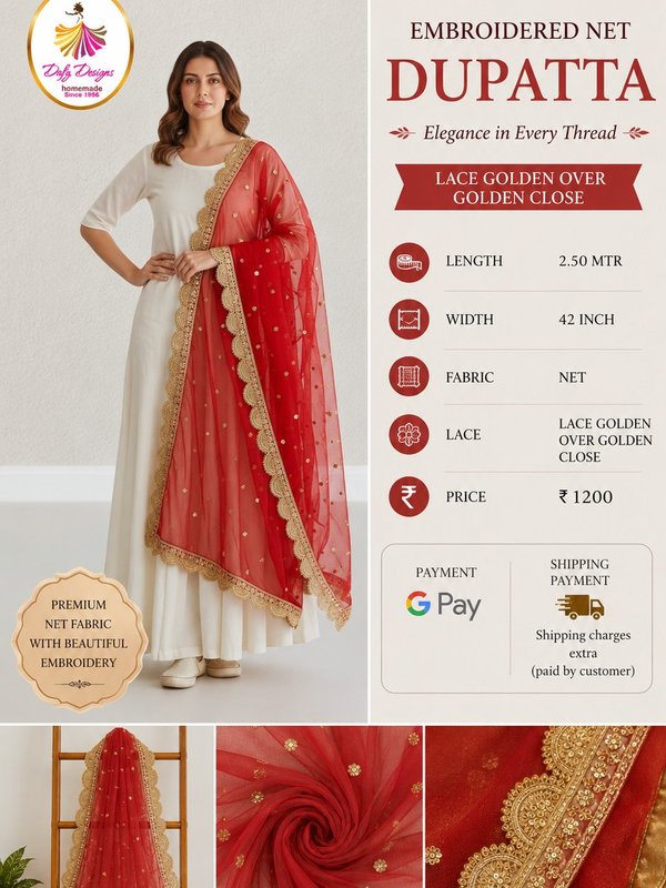 Embroidered Net Dupatta - Lace Golden Over Golden Close — Dafy Designs