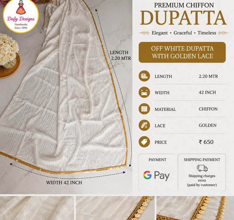 Premium Chiffon Dupatta - Off White with Golden Lace — Dafy Designs