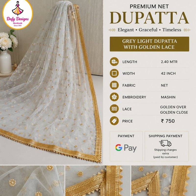 Premium Net Dupatta - Grey Light with Golden Lace — Dafy Designs