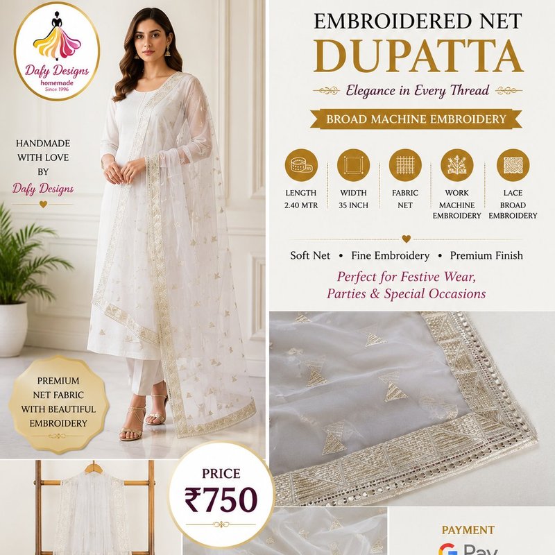Embroidered Net Dupatta by Dafy Designs — Dafy Designs