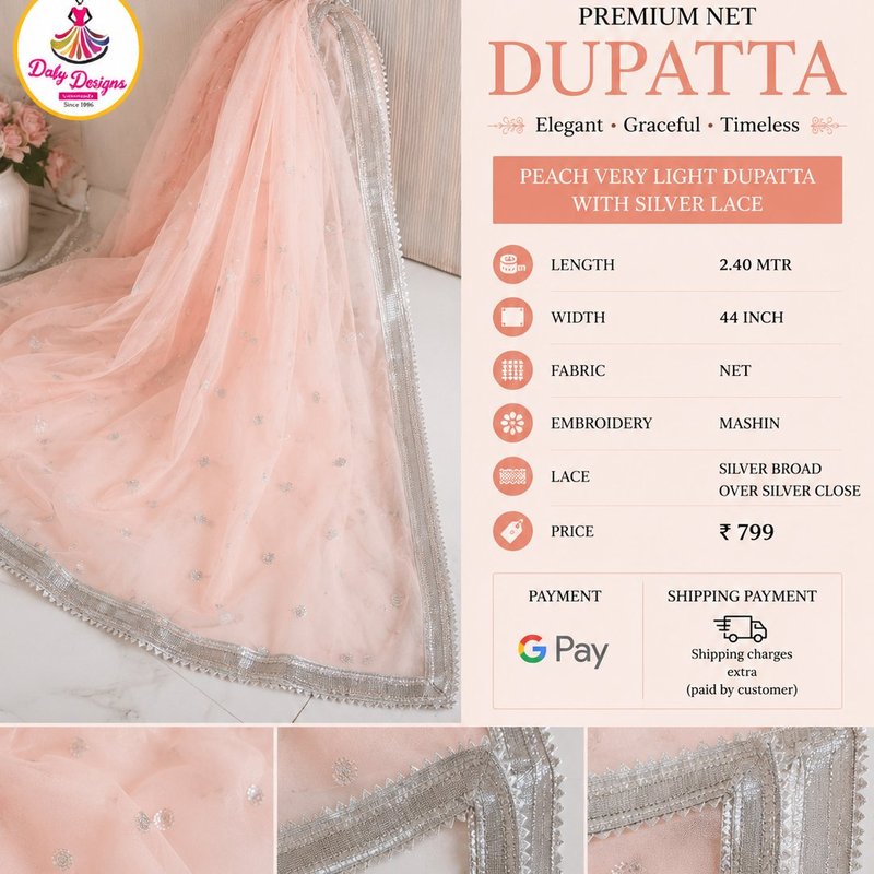 Premium Net Dupatta - Peach with Silver Lace — Dafy Designs