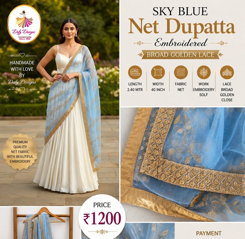 Sky Blue Net Dupatta Embroidered Broad Golden Lace — Dafy Designs