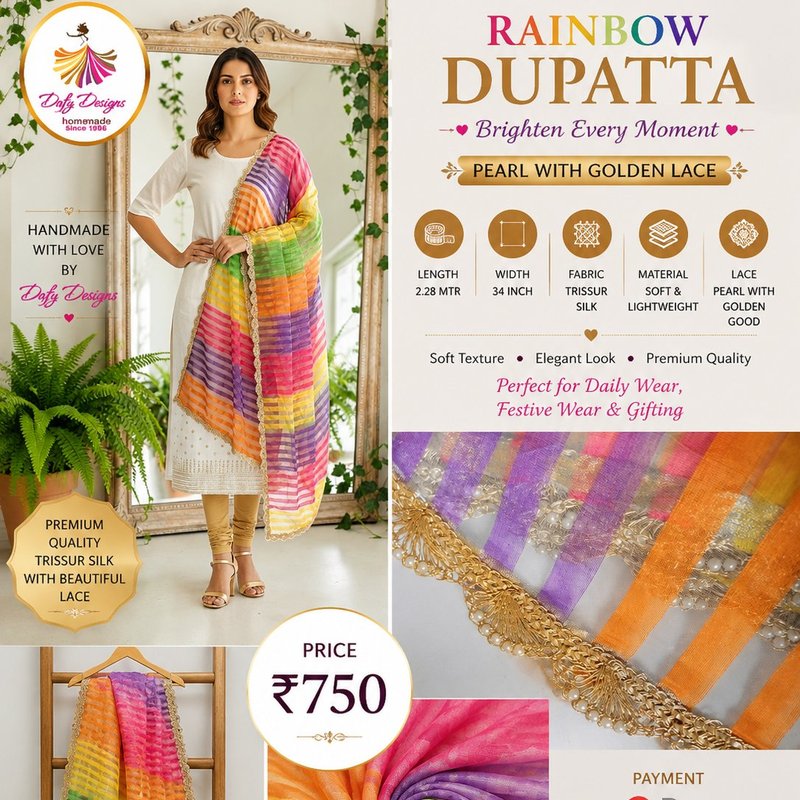 Rainbow Dupatta Pearl with Golden Lace — Dafy Designs