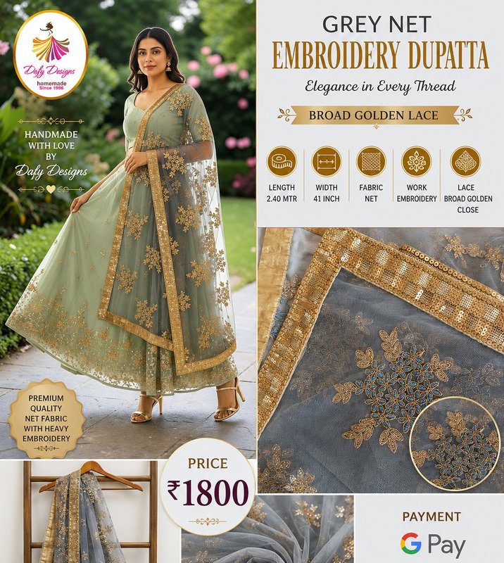 Grey Net Embroidery Dupatta — Dafy Designs