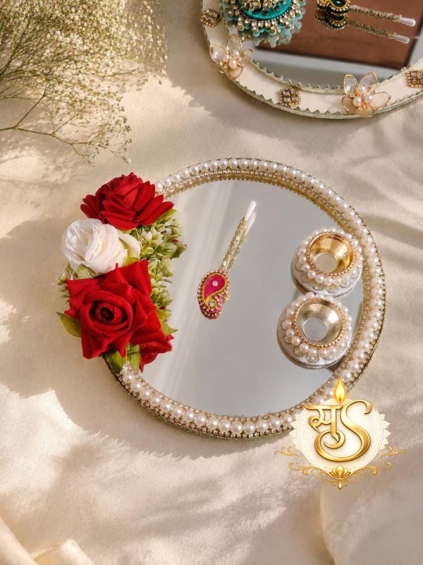 Handmade Decorative Pooja Thali with Mirror, Pearl Border & Floral Design — Sumangalam Shilp