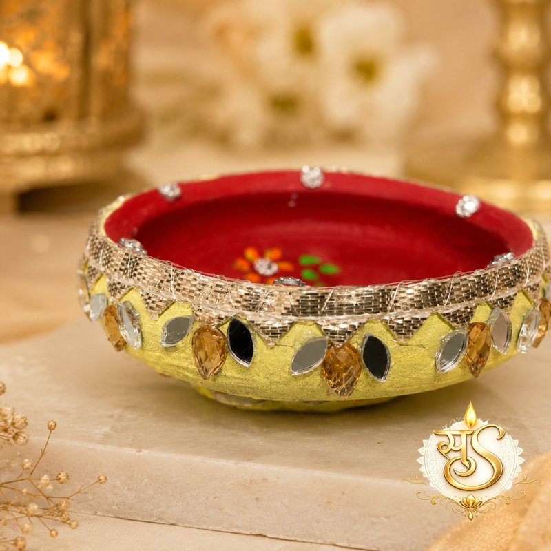 Decorative Diya with Gota & Stones — Sumangalam Shilp