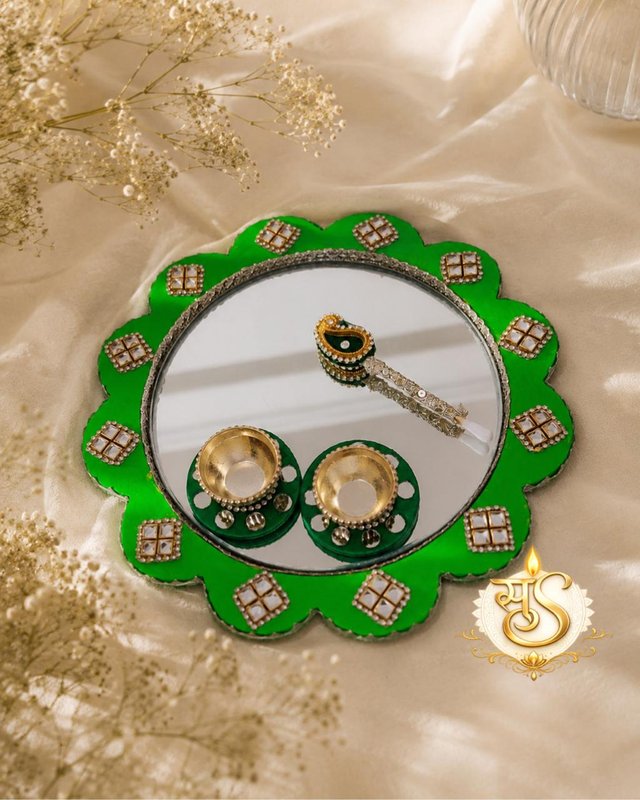 Handcrafted Green Mirror Pooja Thali Set with Holders — Sumangalam Shilp