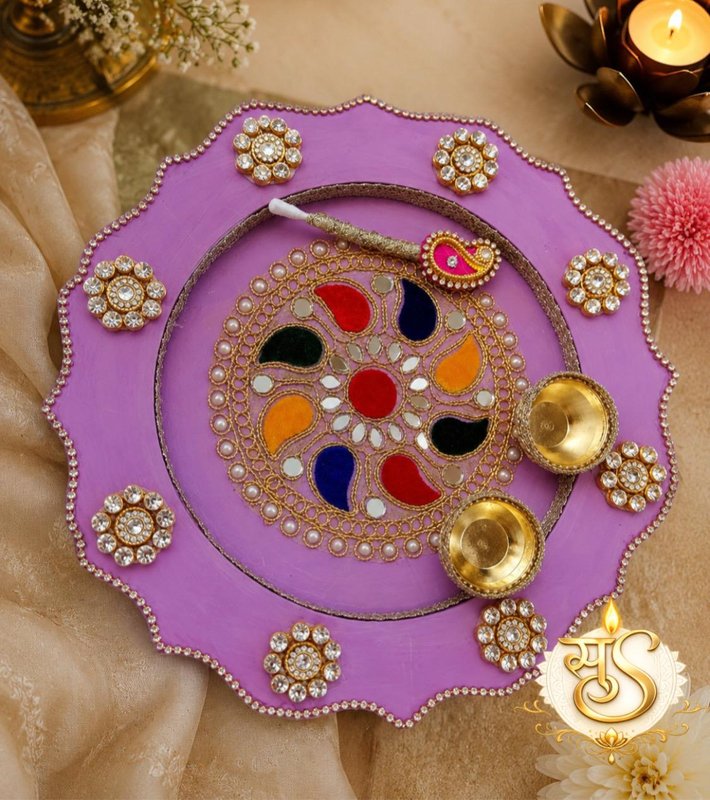 Handcrafted Premium Lavender Pooja Thali with Holders — Sumangalam Shilp