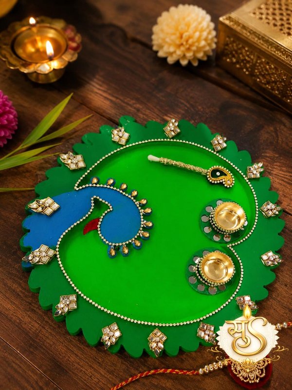 Handcrafted Peacock Designer Pooja Thali with Holders — Sumangalam Shilp