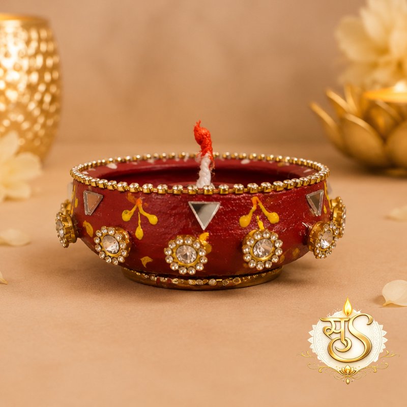Decorative Diya with Mirror & Stones — Sumangalam Shilp