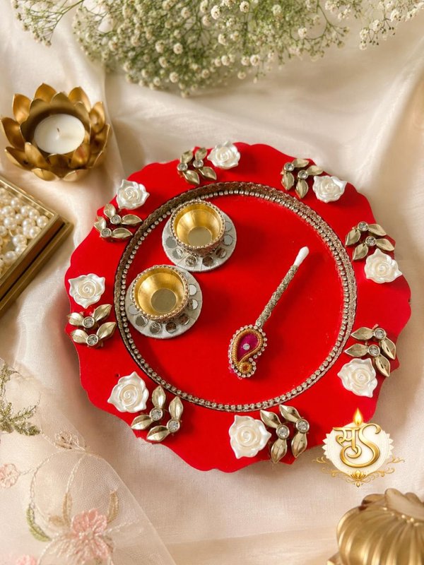 Handcrafted Red Floral Pooja Thali with Chawal & Roli Holder — Sumangalam Shilp