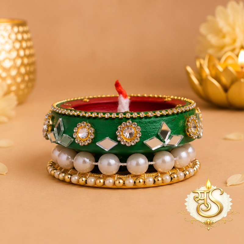 Decorative Diya with Pearls & Stones — Sumangalam Shilp