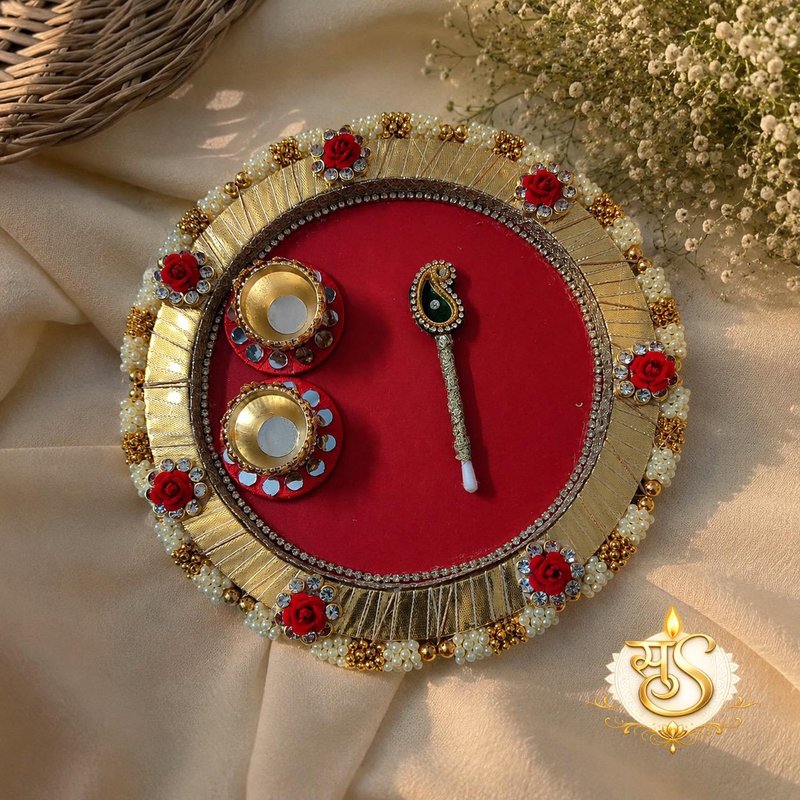 Handcrafted Royal Red & Gold Pooja Thali Set with Pearl & Floral Work — Sumangalam Shilp