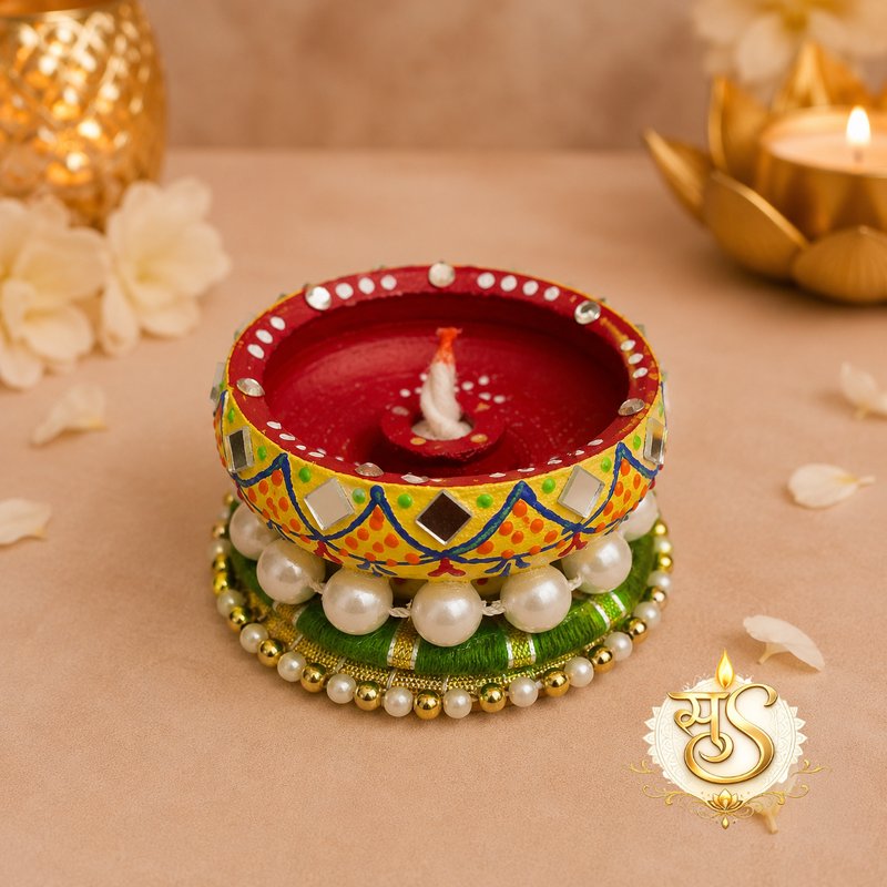 Decorative Diya with Pearls & Mirror — Sumangalam Shilp